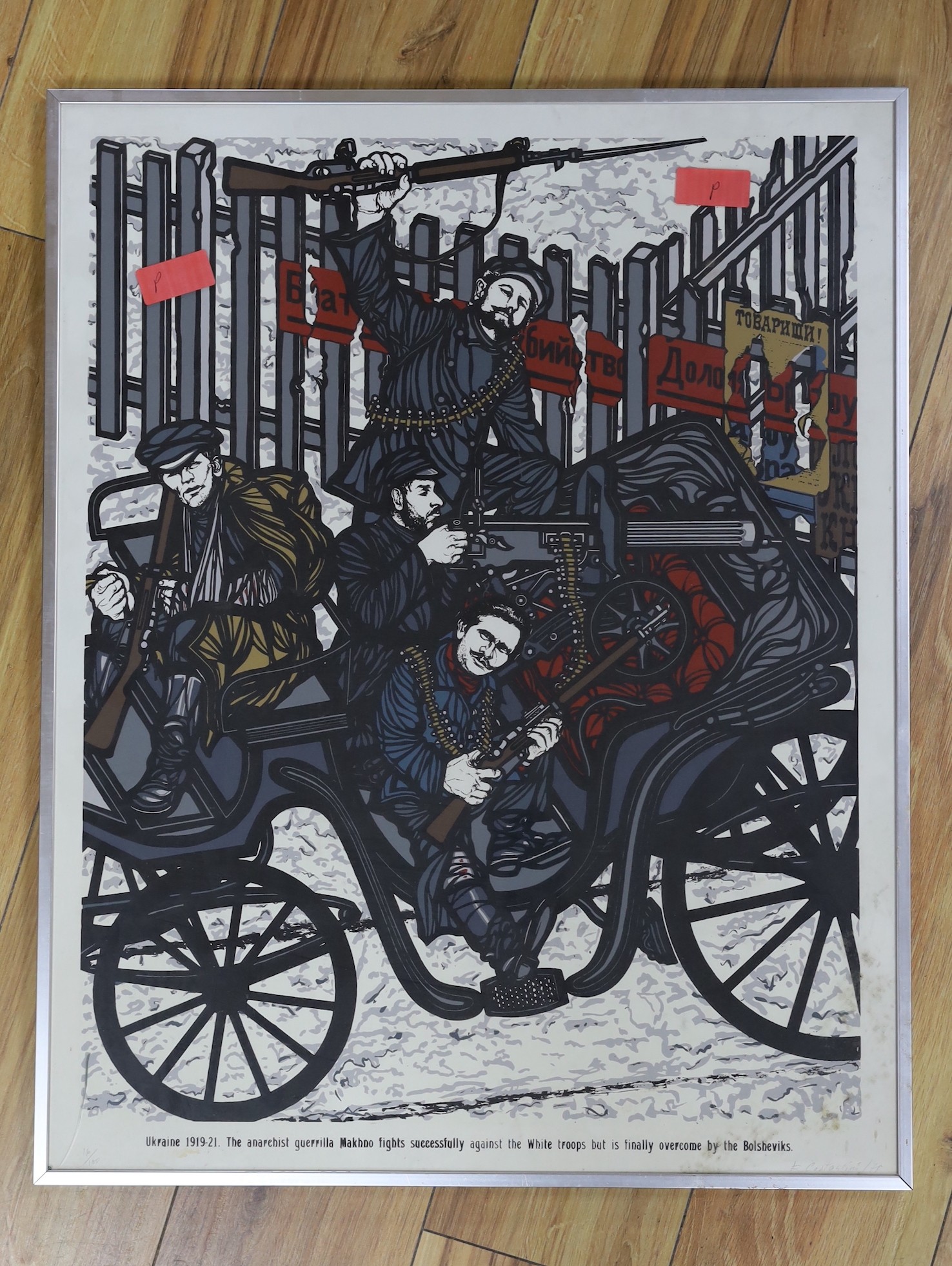 Flavio Costantini (Italian, 1926-2013), woodblock print, 'Ukraine 1919-21... the Anarchist Guerilla Makhno fights successfully against the white troops but is finally overcome by the Bolsheviks', signed and dated '71, 16
